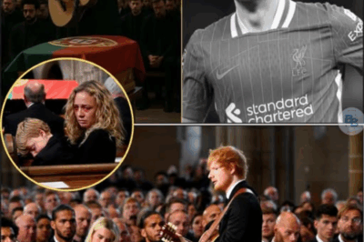 “I’m not just a fan of Jota’s talent… my daughter loves him too” – In the dead silence of Liverpool Cathedral on the morning of July 4, Ed Sheeran stepped out in a simple suit, holding his familiar wooden guitar. No stage lights, no introduction — just the gentle sound of the wind blowing through the ancient dome and the sorrowful gazes of hundreds of people silently watching. In front of Diogo Jota’s flag-draped coffin, Ed nodded slightly, took a deep breath and began singing “Supermarket Flowers” – a song he had written for his mother, but today, he dedicated it to a football hero. His voice was no longer as steady as usual. “I hope I see the world as you did…”